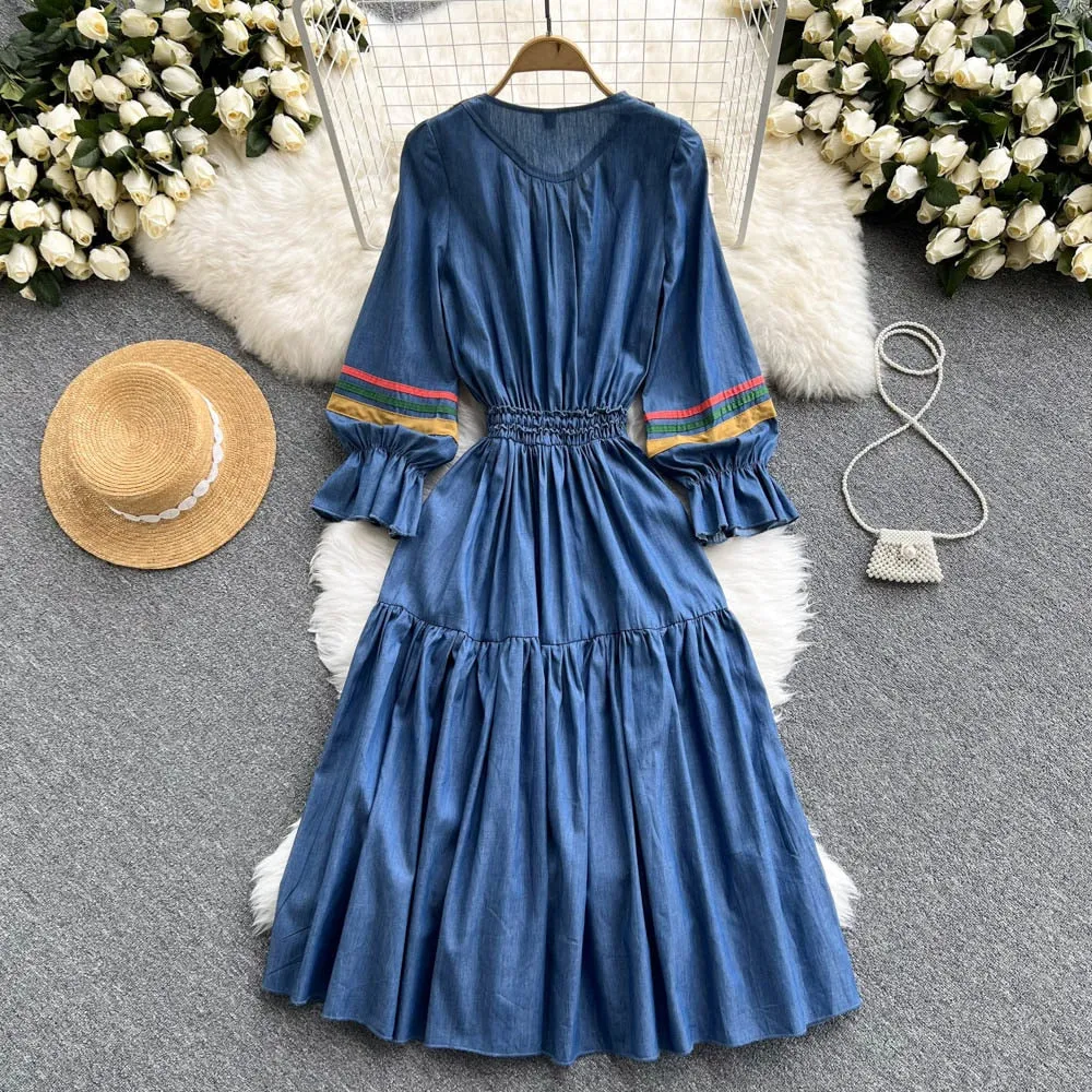 KittenAlarm - Quality Embroidered Denim Dress 2024 Summer Autumn National Korean Pleated A Line Long Sleeve Cowboy Dress Women Jeans Dress