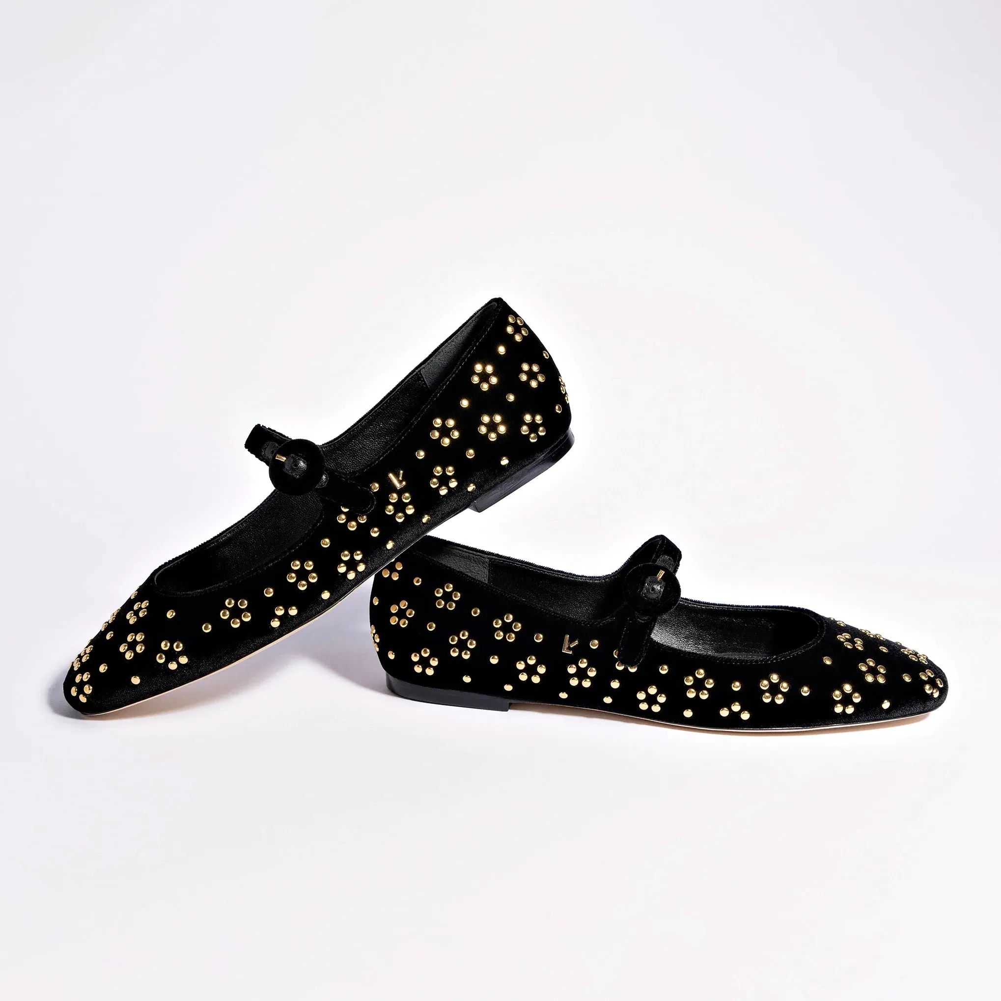 Larroude Blair Ballet Flat In Black Velvet and Gold Studs