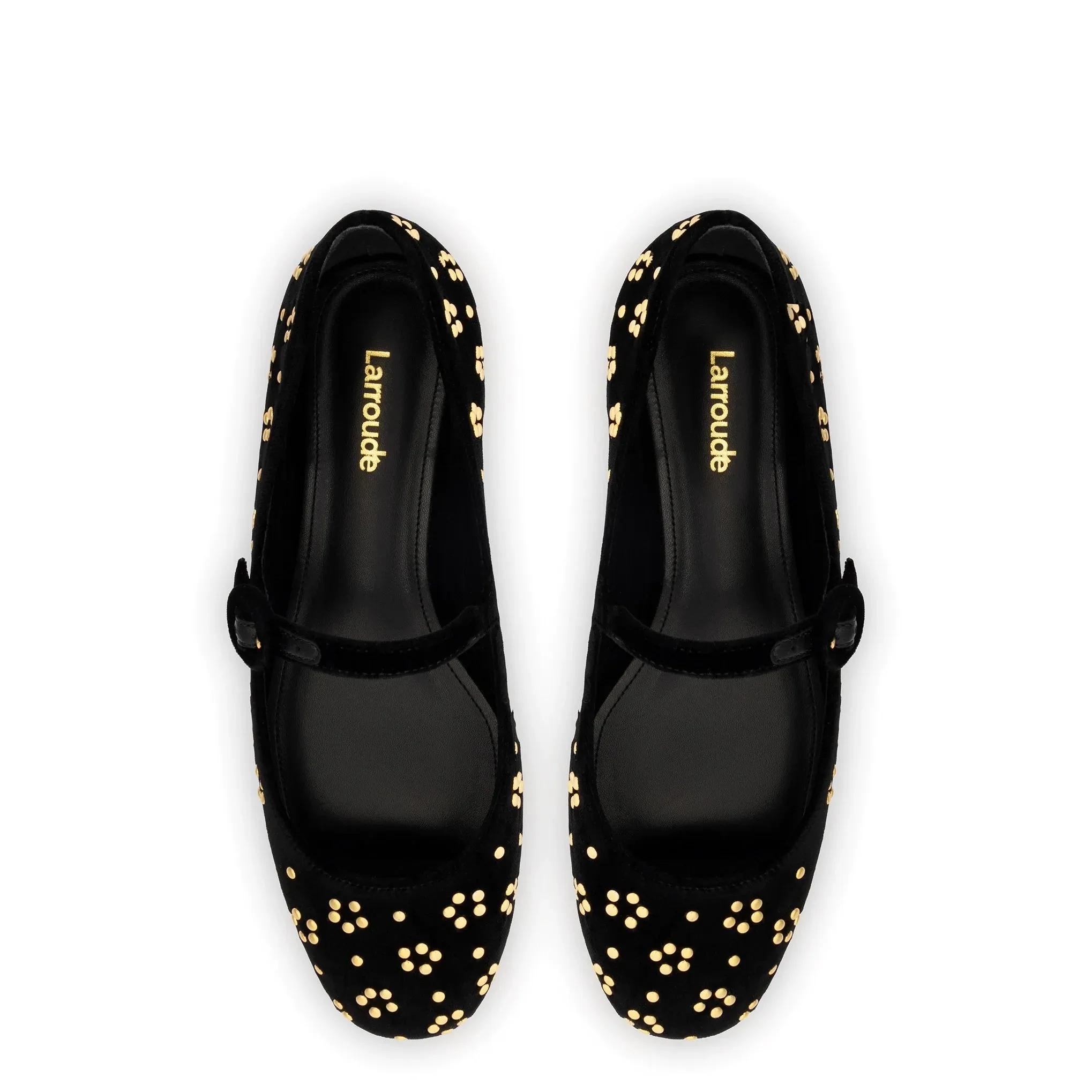 Larroude Blair Ballet Flat In Black Velvet and Gold Studs