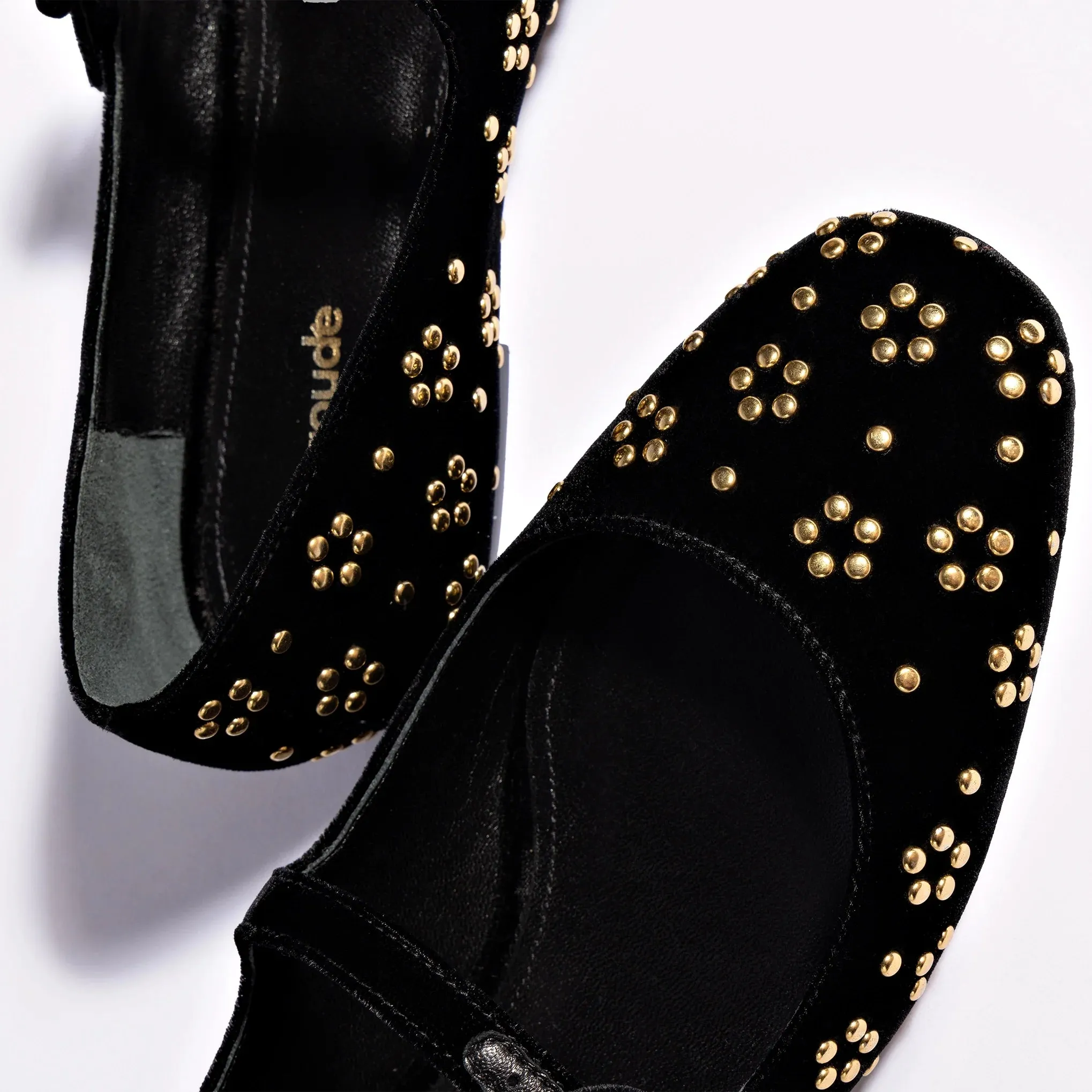 Larroude Blair Ballet Flat In Black Velvet and Gold Studs