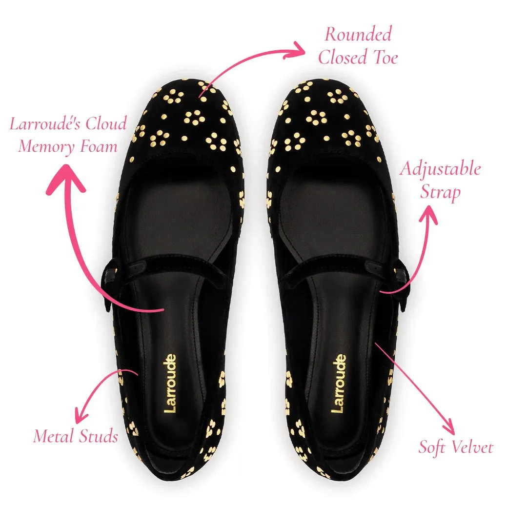 Larroude Blair Ballet Flat In Black Velvet and Gold Studs