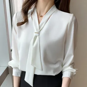 Long Sleeve White Blouse V-neck Women Tops Blouse    S2830