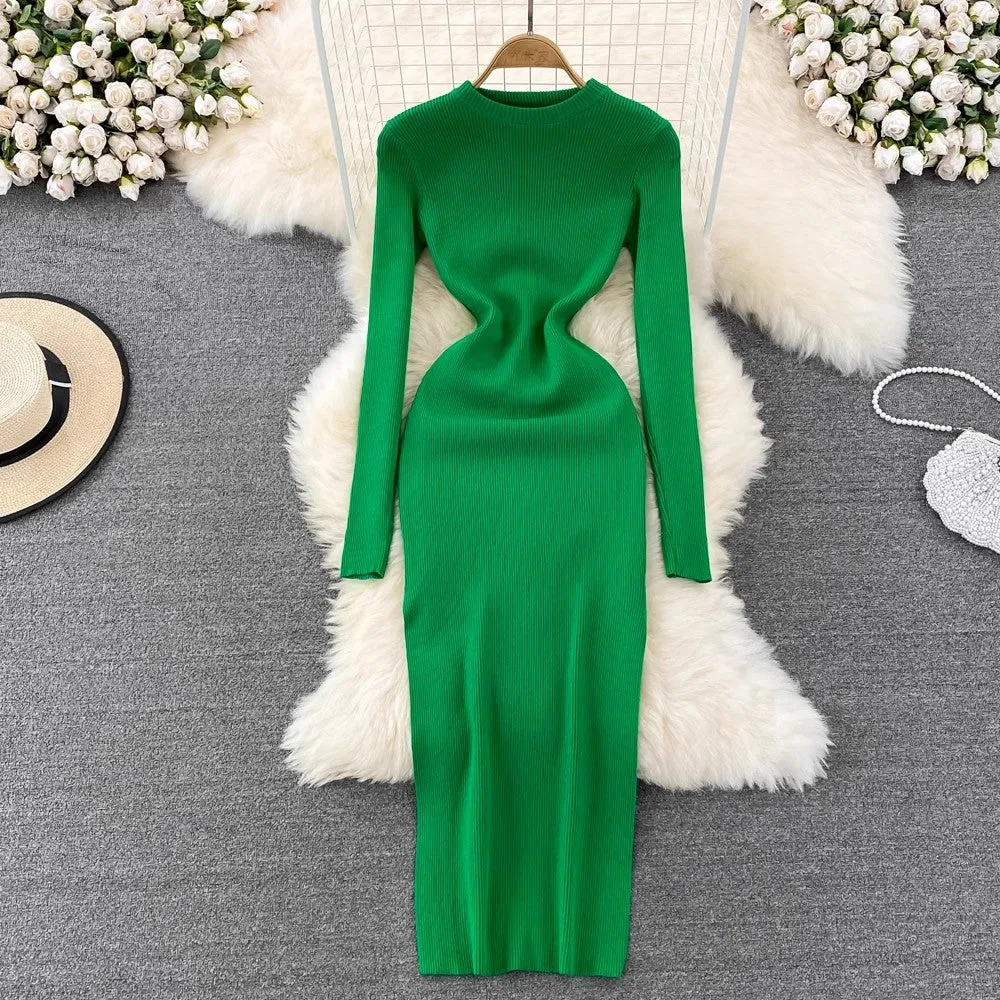 long-sleeved round neck elastic tight mid-length knitted dress      S4010