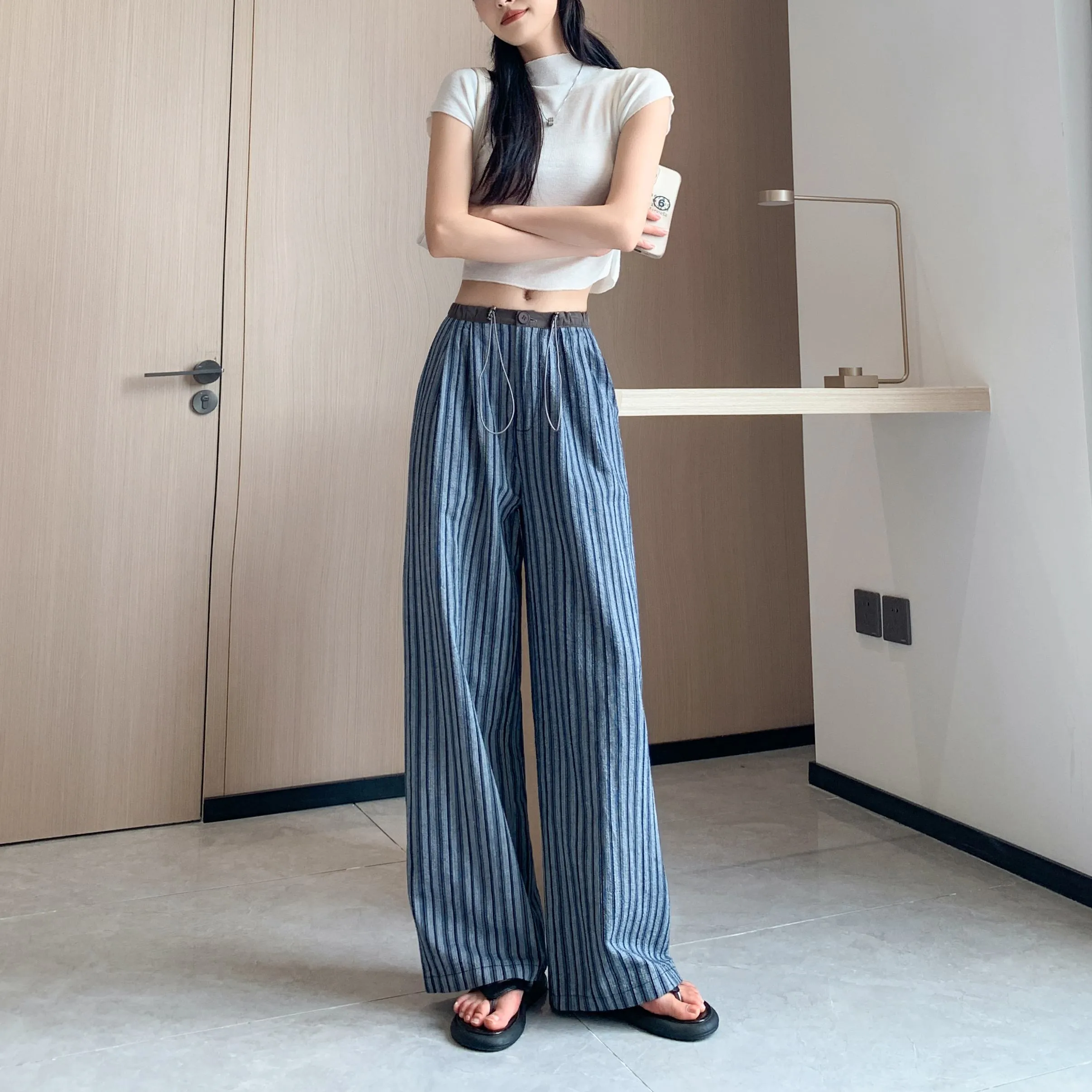 Loose Fit High-Waisted Lazy Thin Straight Stripe Drawstring Pants