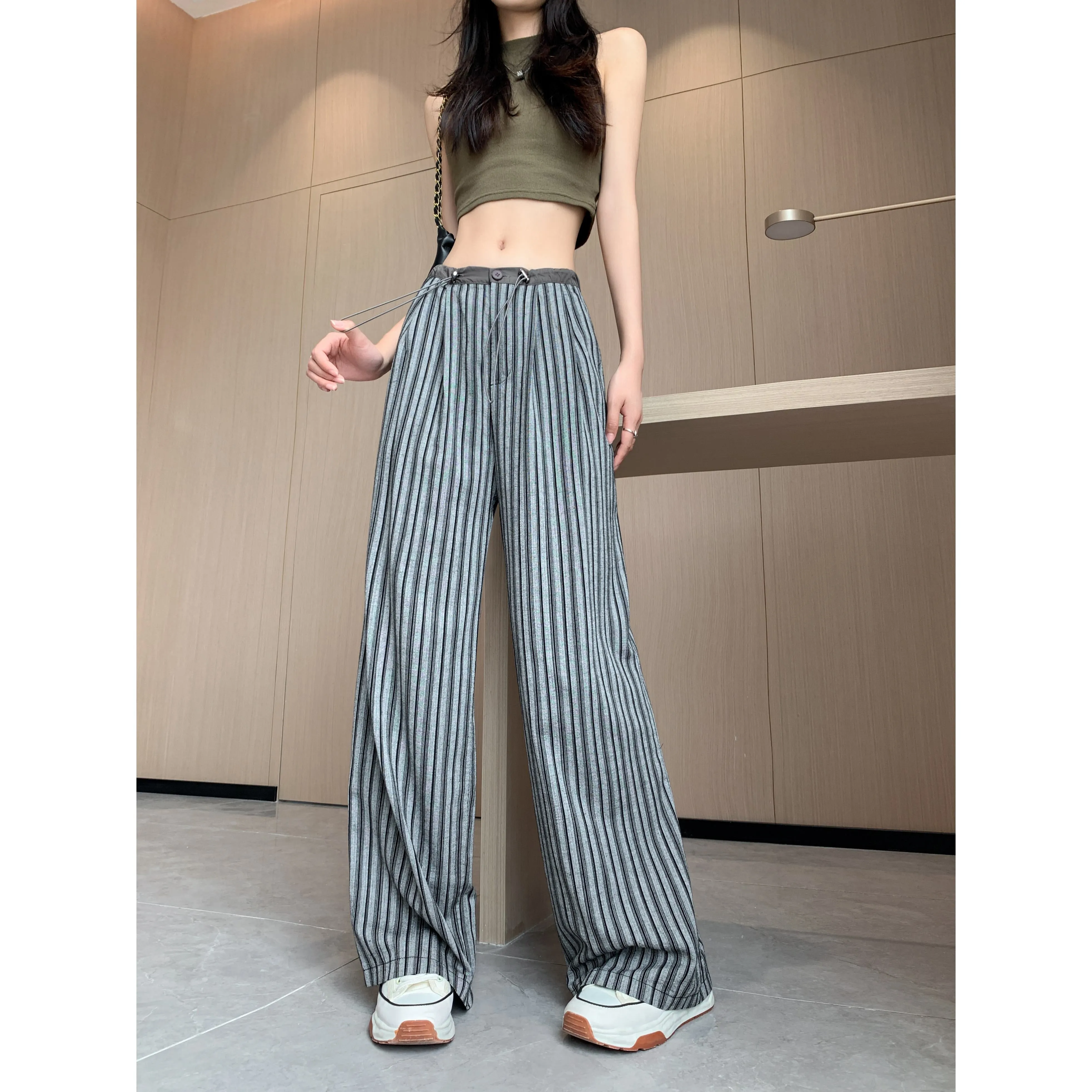 Loose Fit High-Waisted Lazy Thin Straight Stripe Drawstring Pants