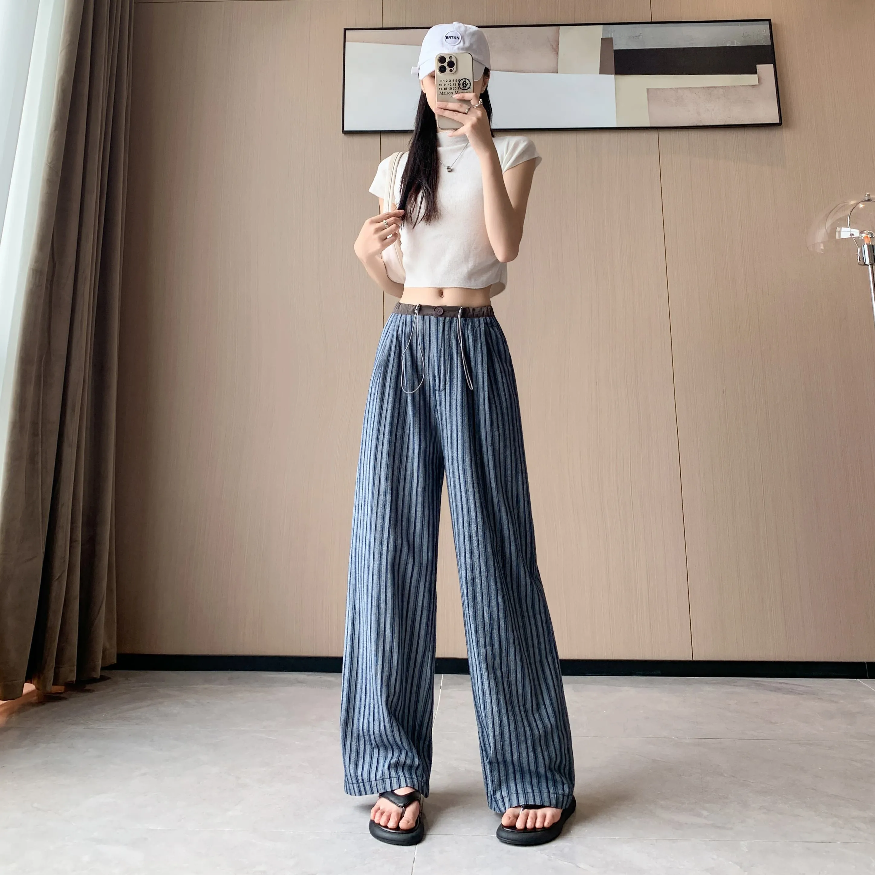 Loose Fit High-Waisted Lazy Thin Straight Stripe Drawstring Pants