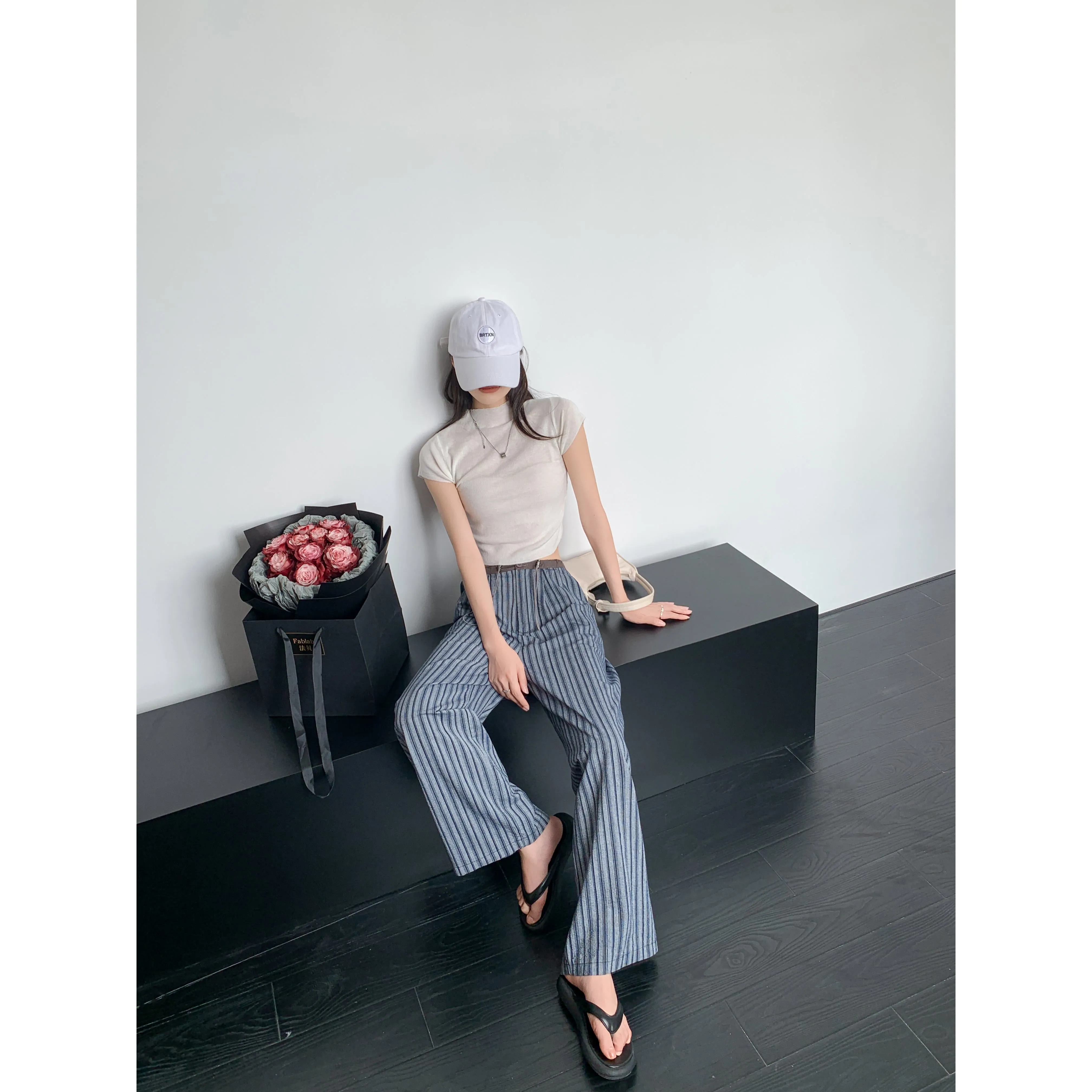 Loose Fit High-Waisted Lazy Thin Straight Stripe Drawstring Pants