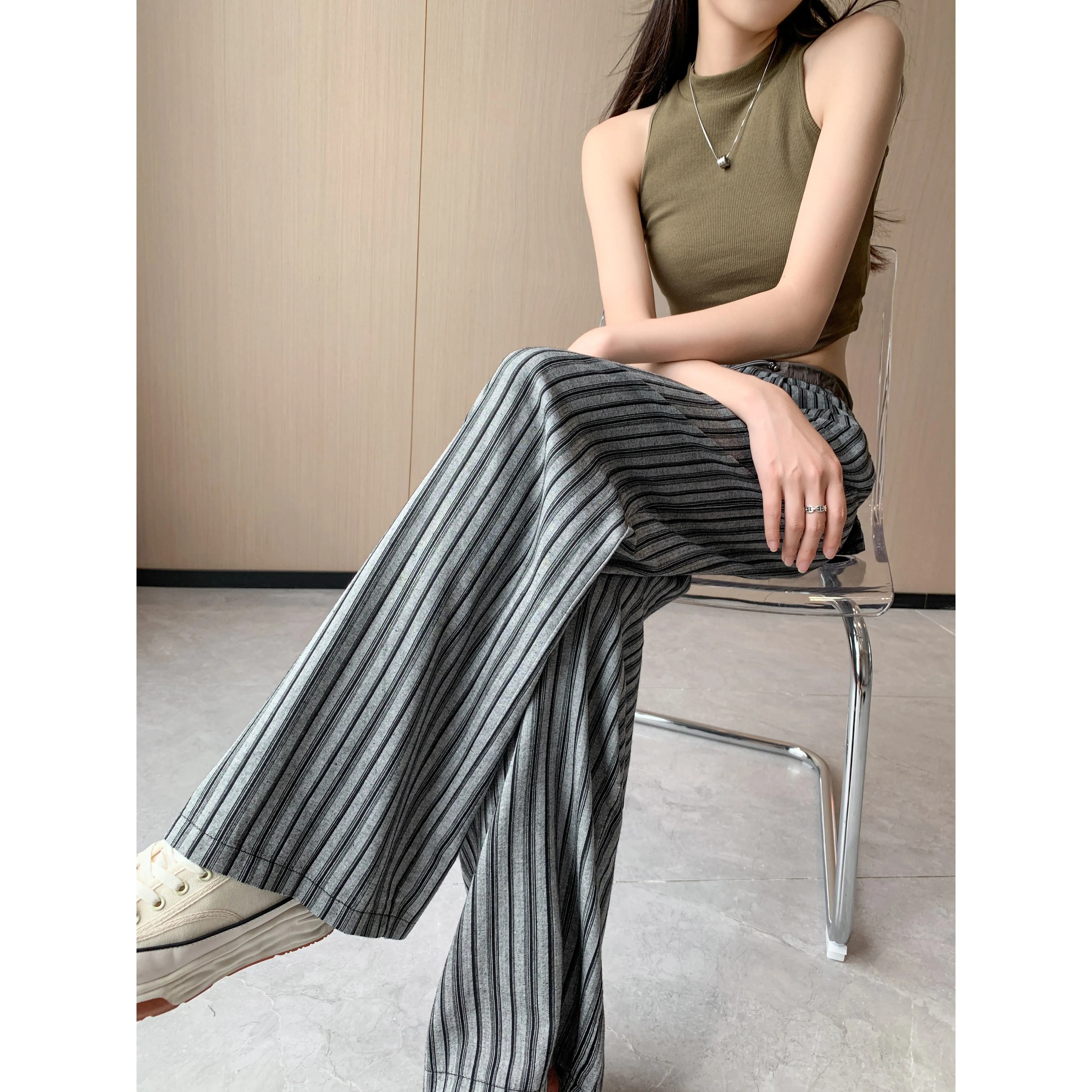 Loose Fit High-Waisted Lazy Thin Straight Stripe Drawstring Pants