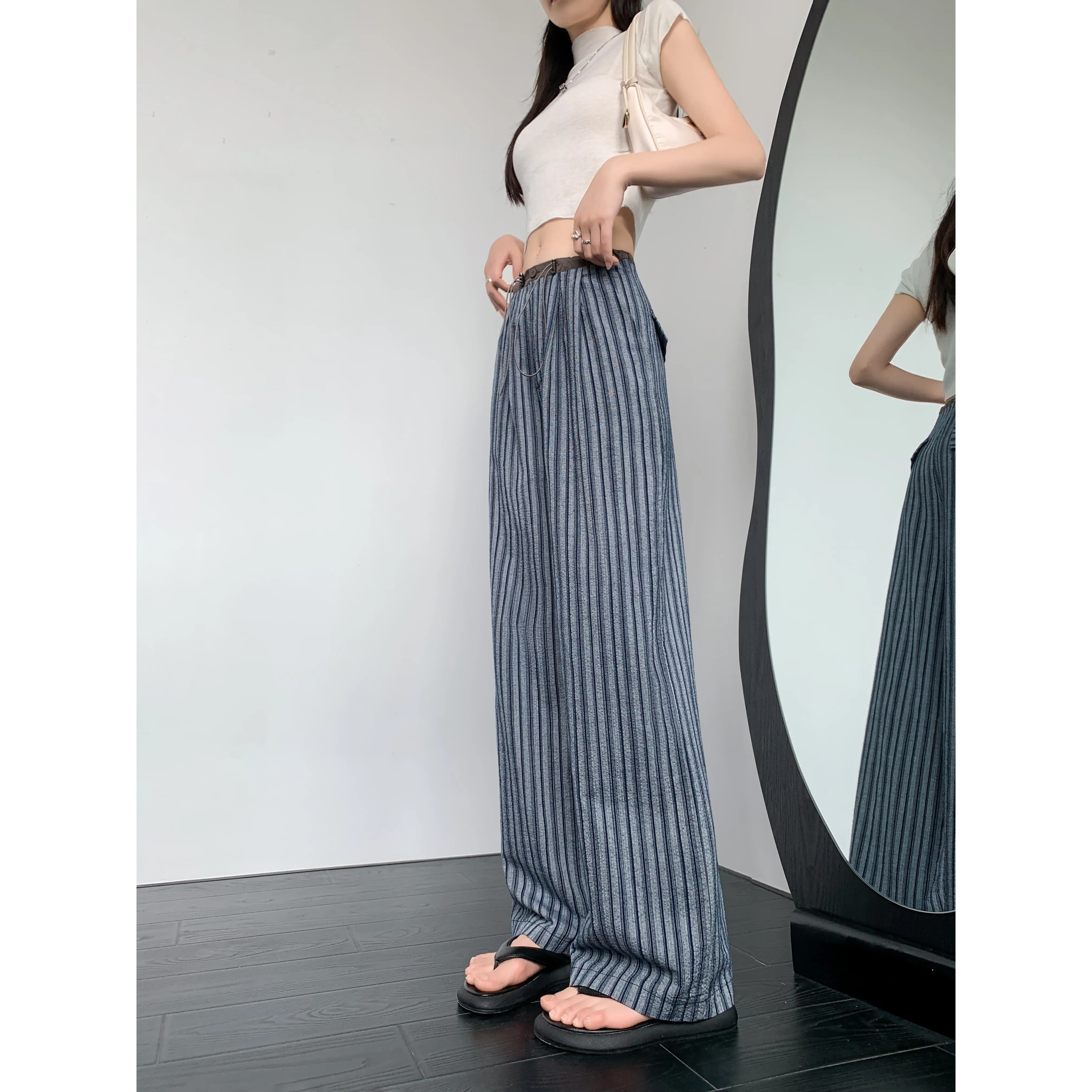 Loose Fit High-Waisted Lazy Thin Straight Stripe Drawstring Pants