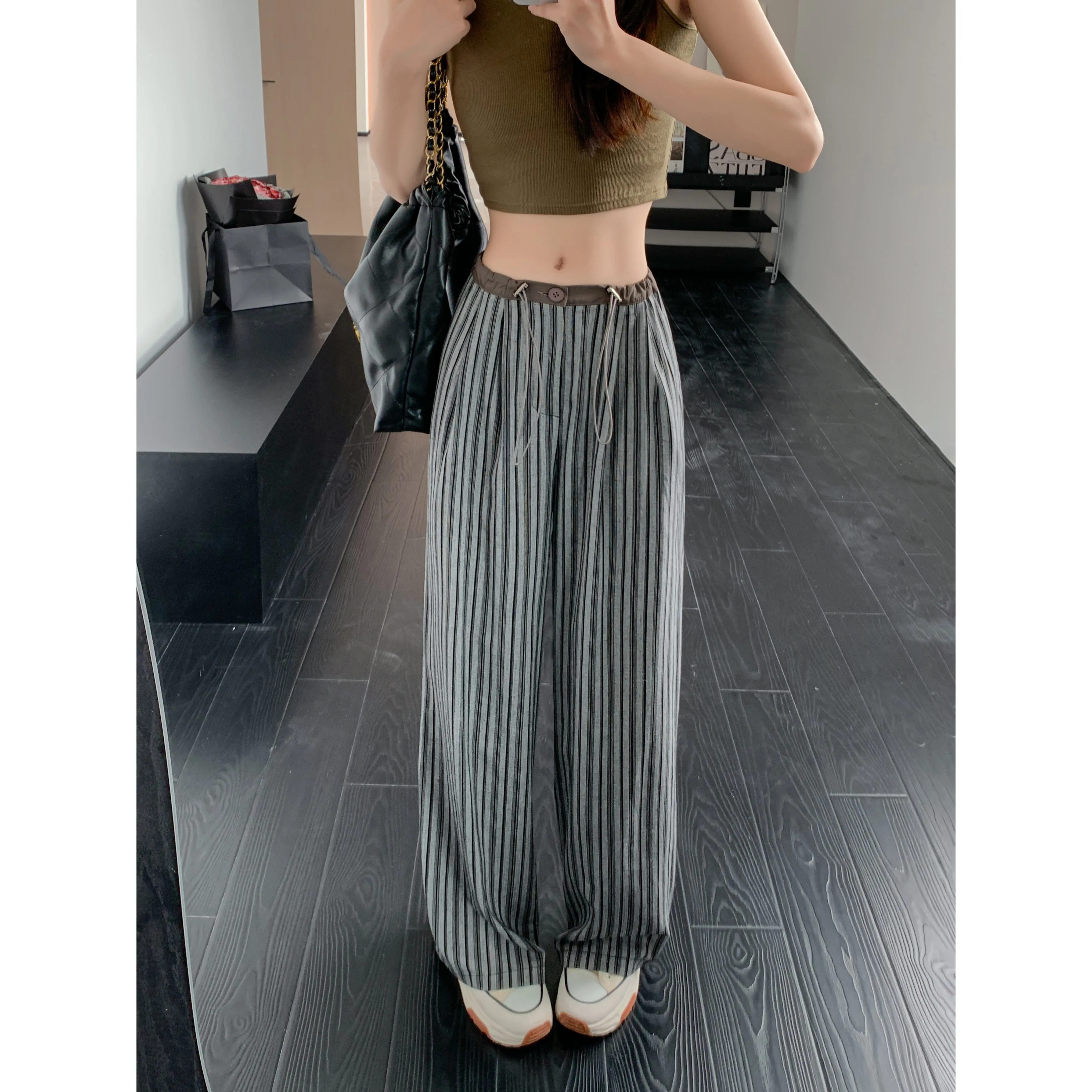 Loose Fit High-Waisted Lazy Thin Straight Stripe Drawstring Pants