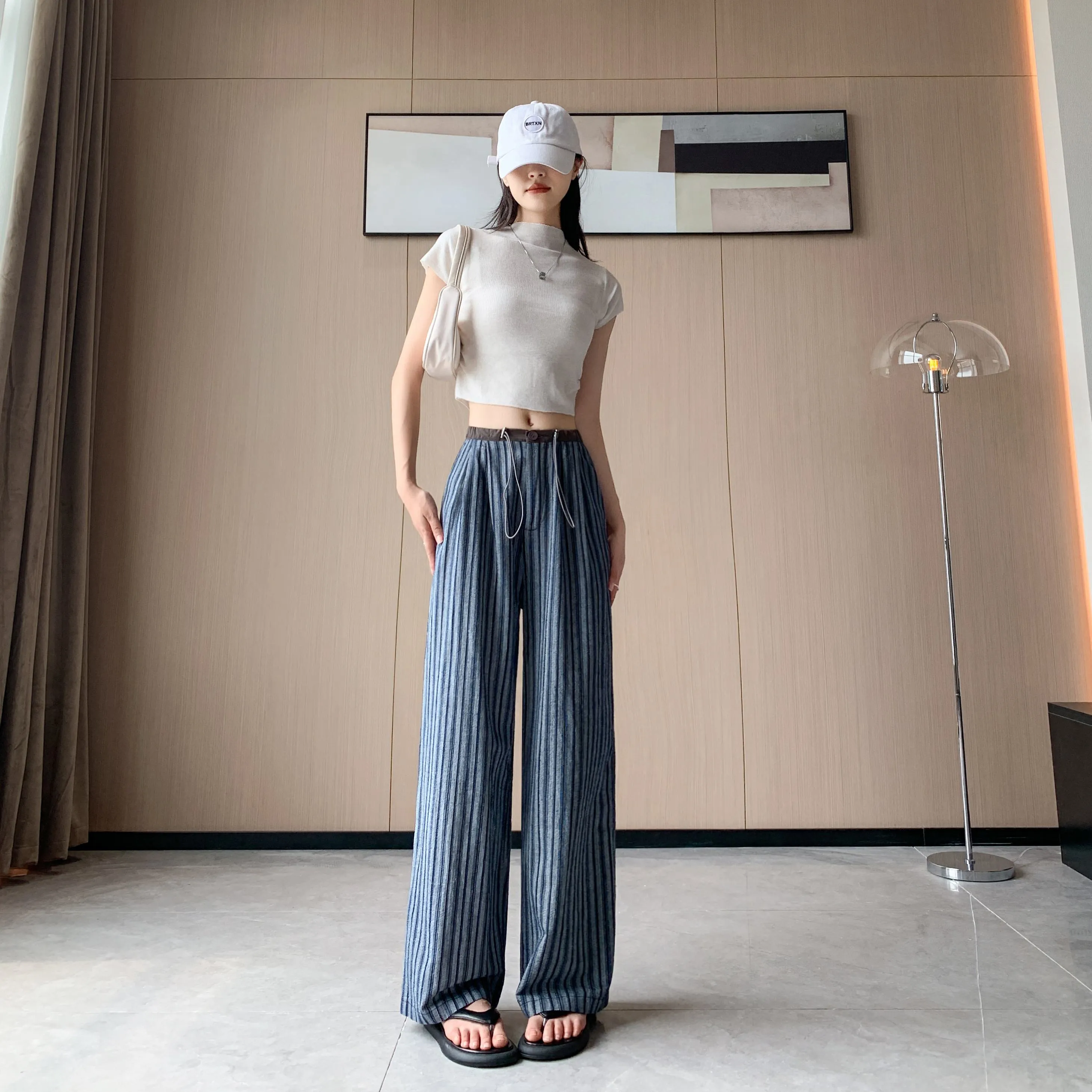 Loose Fit High-Waisted Lazy Thin Straight Stripe Drawstring Pants