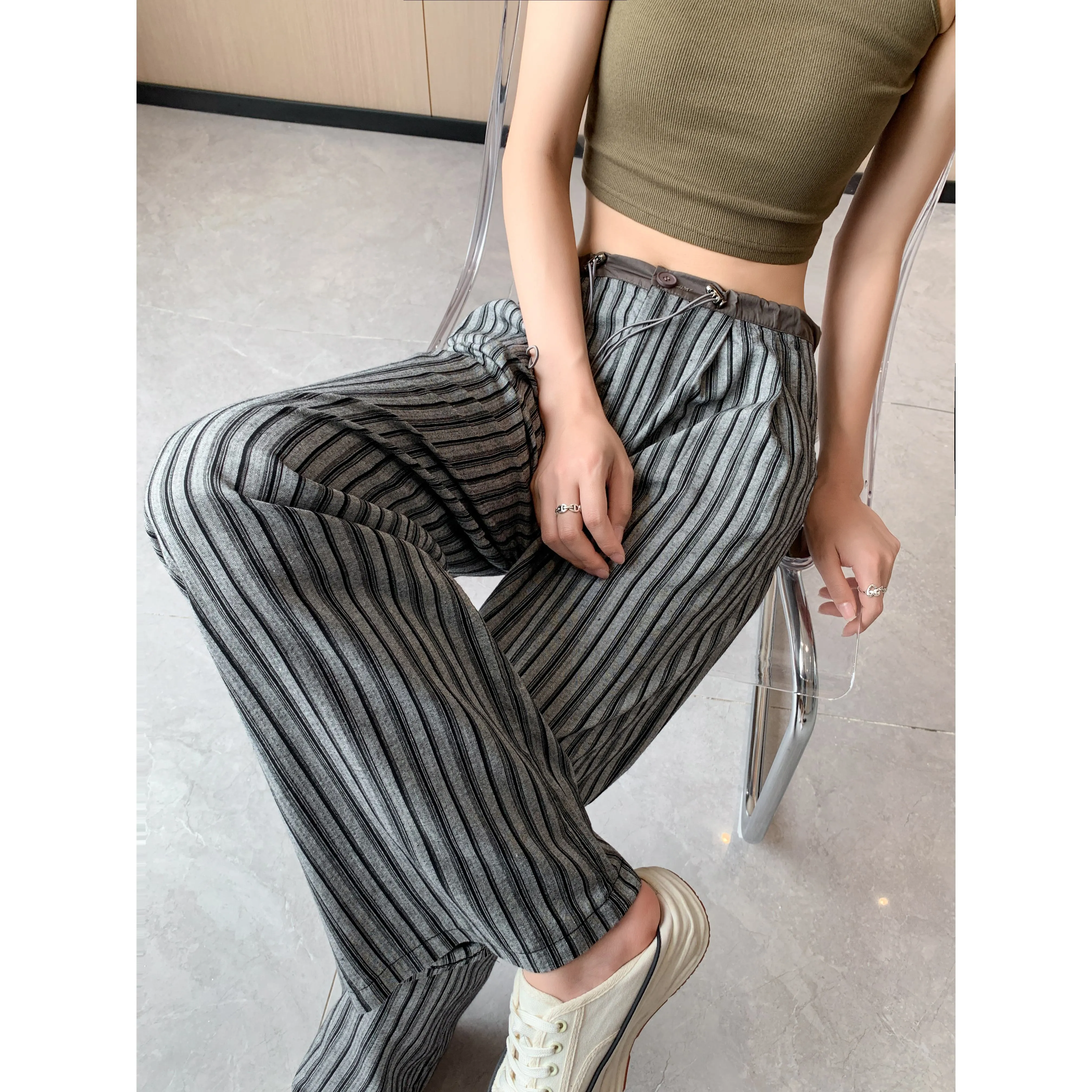 Loose Fit High-Waisted Lazy Thin Straight Stripe Drawstring Pants