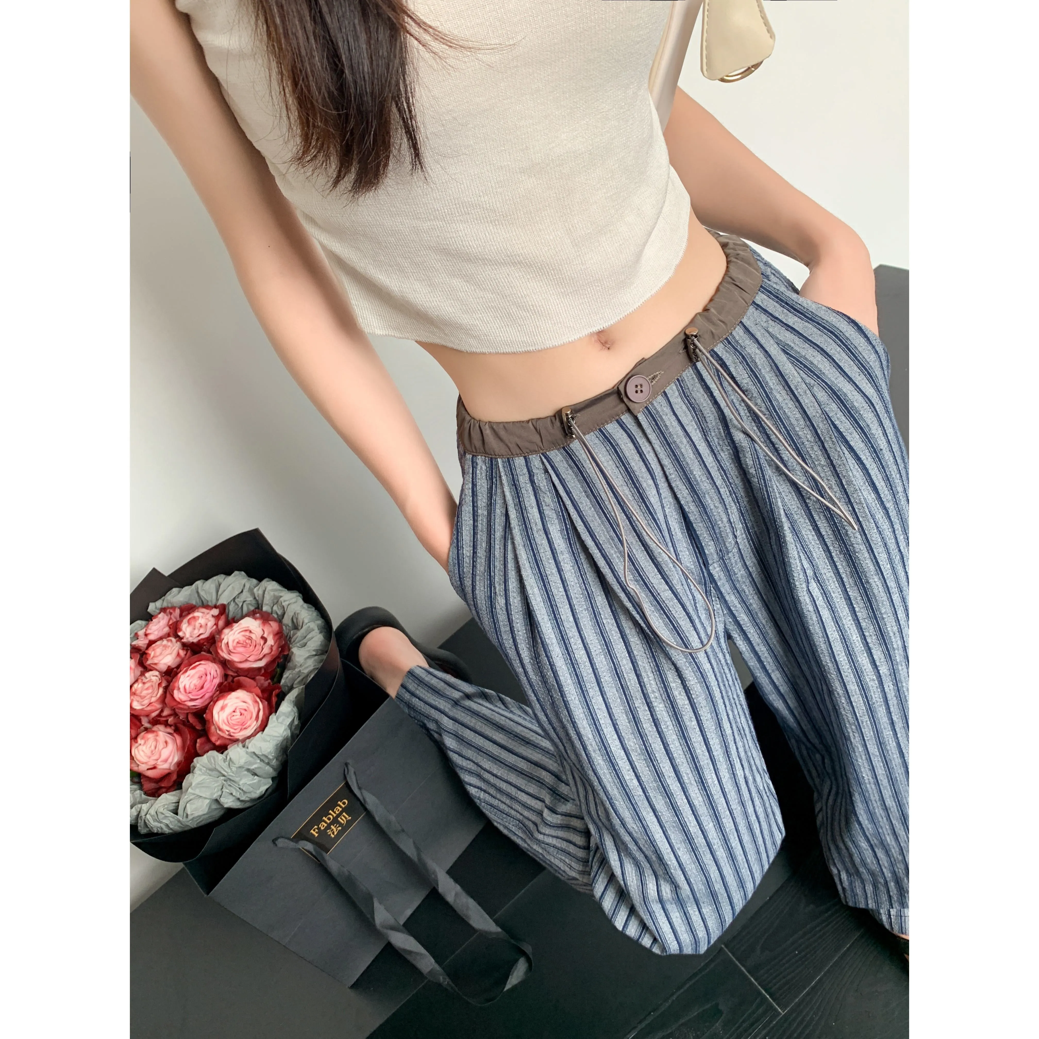 Loose Fit High-Waisted Lazy Thin Straight Stripe Drawstring Pants