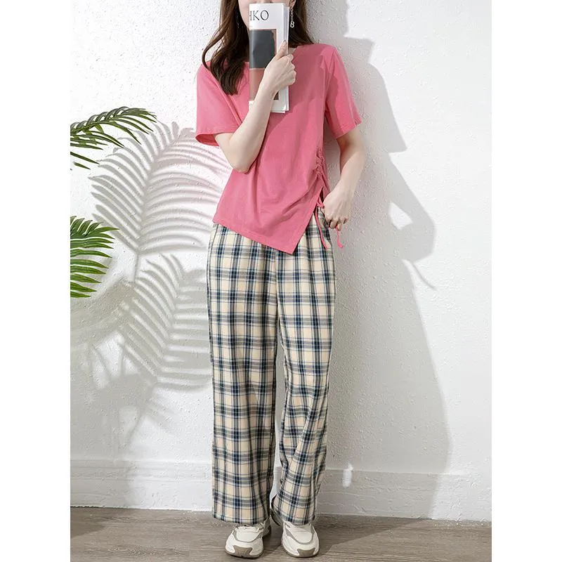 Loose Fit Slimming Plaid Casual High-Waisted Versatile Straight Leg Pants