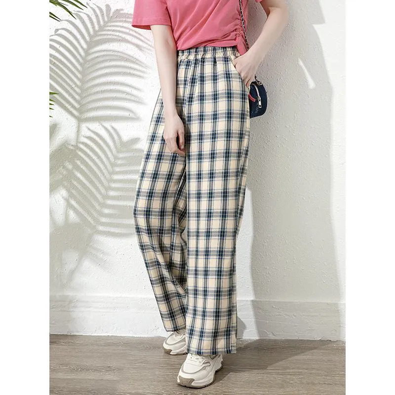 Loose Fit Slimming Plaid Casual High-Waisted Versatile Straight Leg Pants