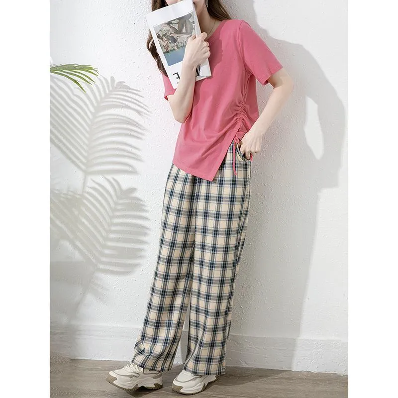 Loose Fit Slimming Plaid Casual High-Waisted Versatile Straight Leg Pants