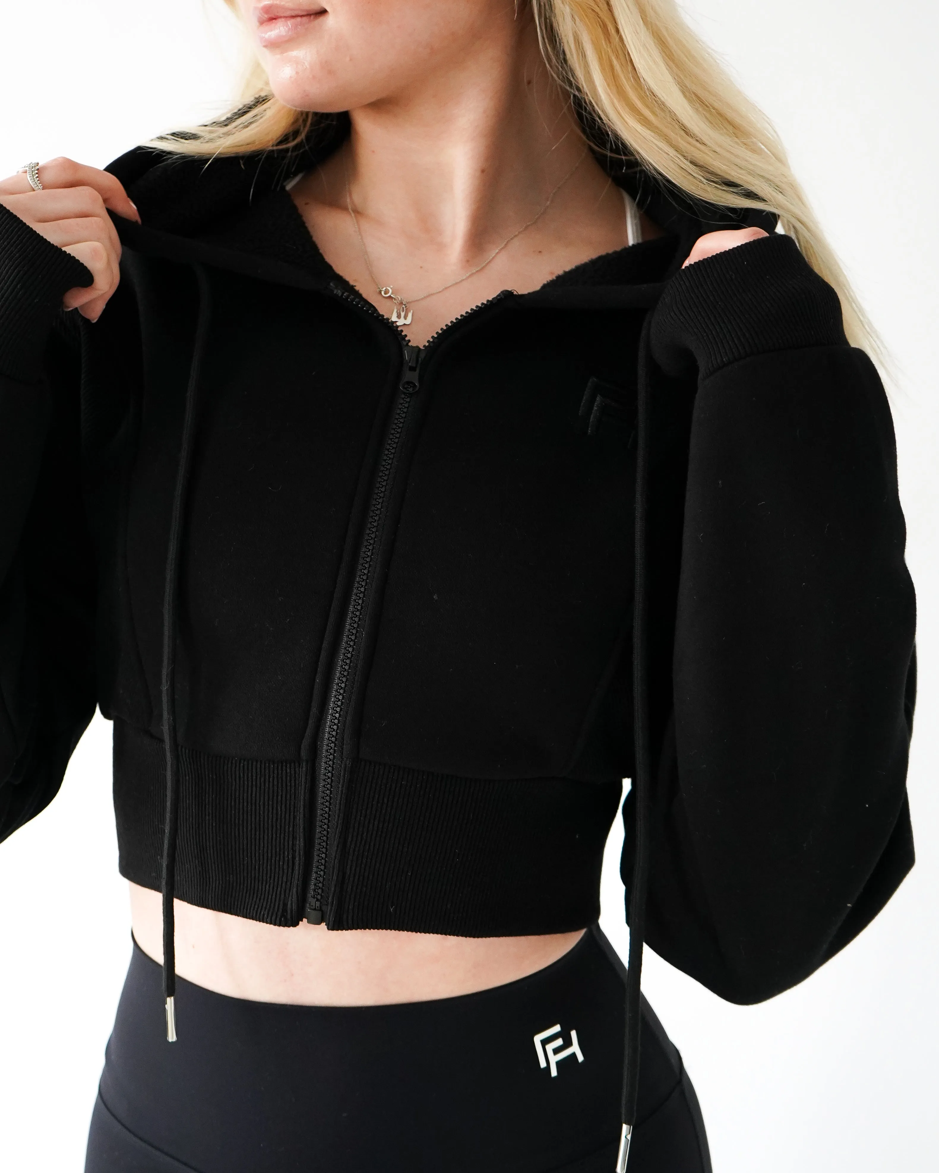 Lounge Cropped Zip-Up Hoodie - Black