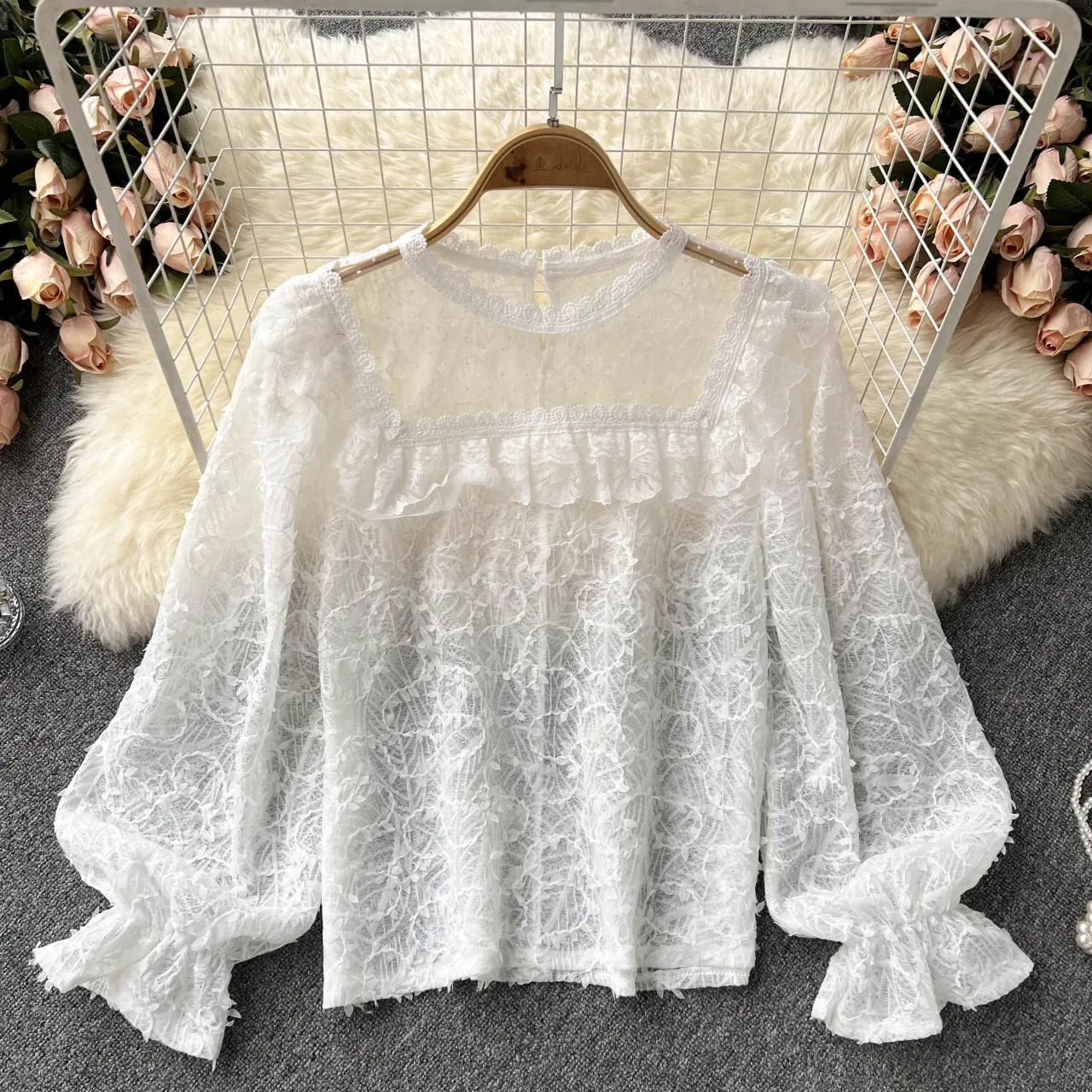 Lovely see-through long-sleeved lace top   S254