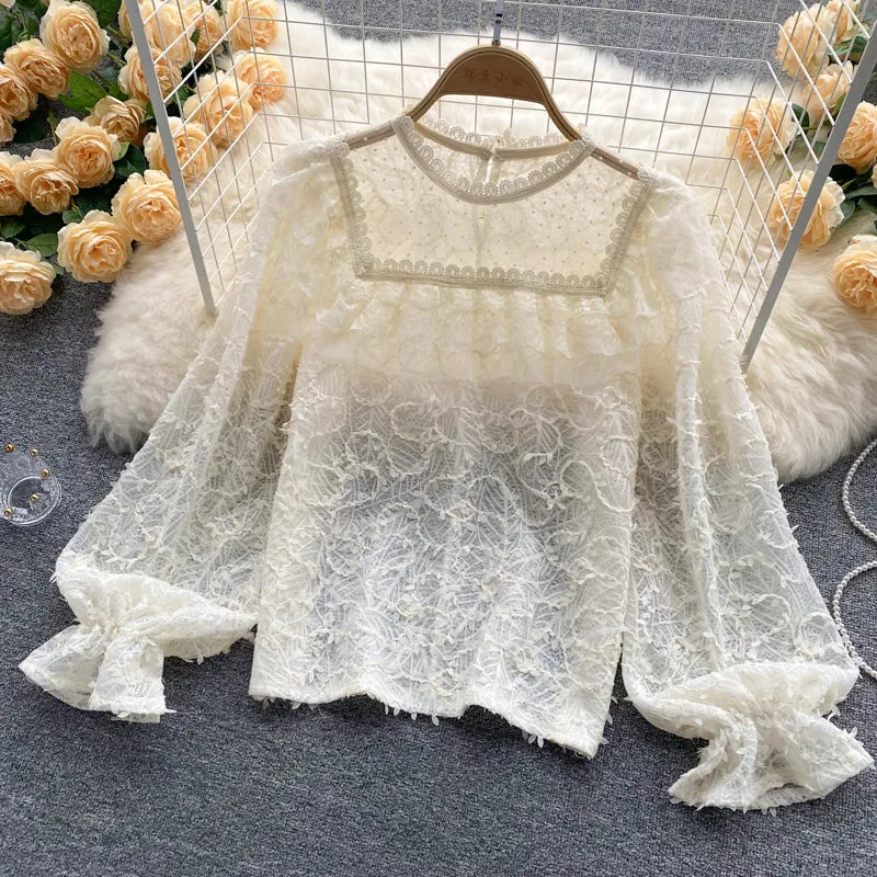 Lovely see-through long-sleeved lace top   S254