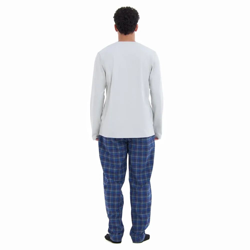 Men Fall Pajama Set Light Grey Buttoned Sweatshirt   Dark blue x Light grey checkered Pants