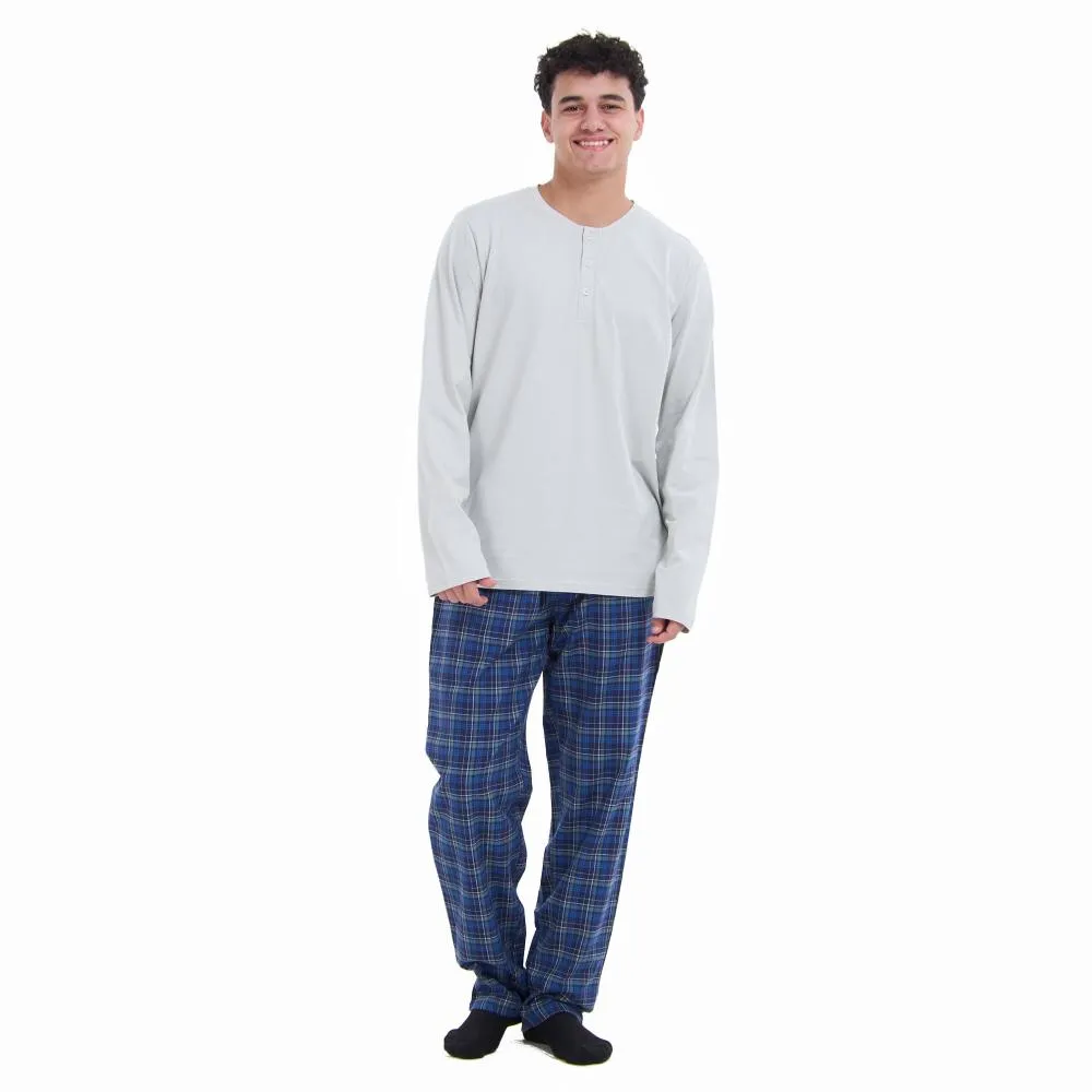 Men Fall Pajama Set Light Grey Buttoned Sweatshirt   Dark blue x Light grey checkered Pants