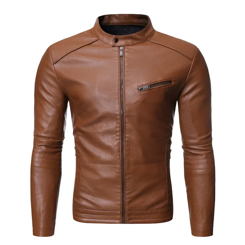 Men Leather Jacket Casual Solid Color fashion Slim Fit Spring