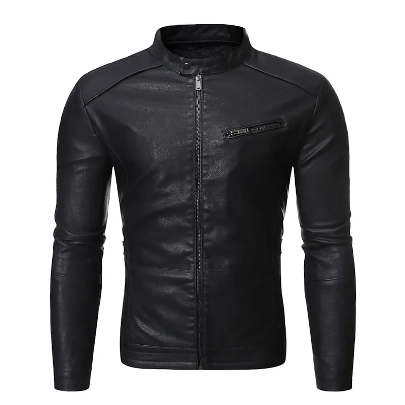 Men Leather Jacket Casual Solid Color fashion Slim Fit Spring