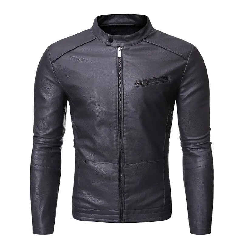 Men Leather Jacket Casual Solid Color fashion Slim Fit Spring