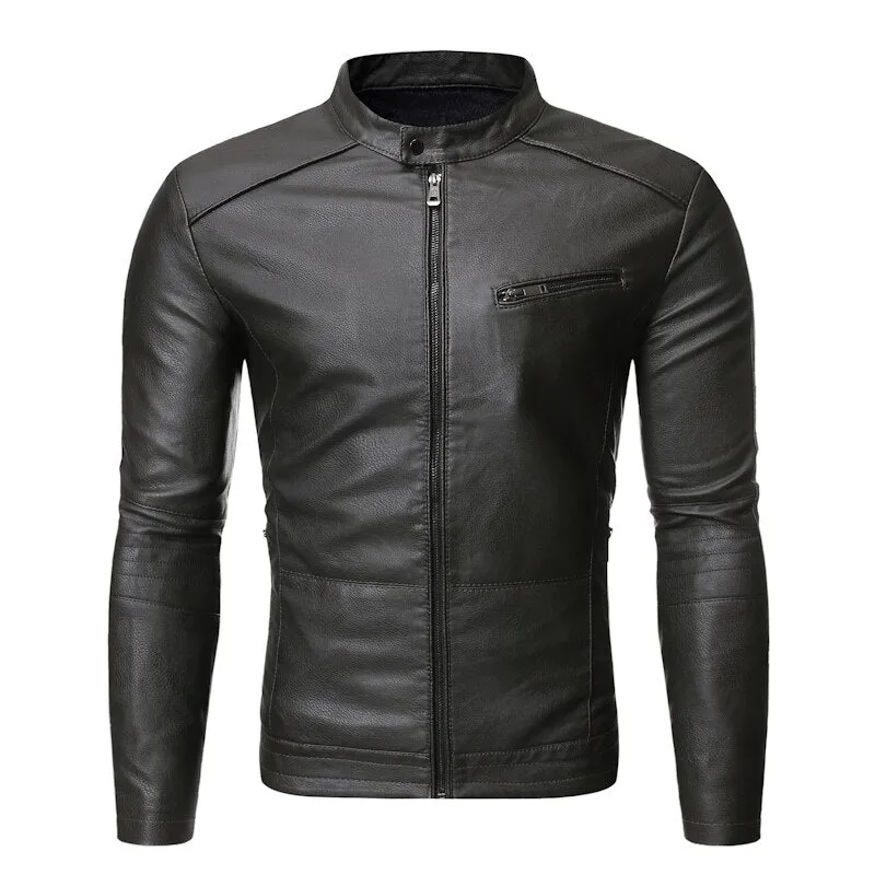 Men Leather Jacket Casual Solid Color fashion Slim Fit Spring