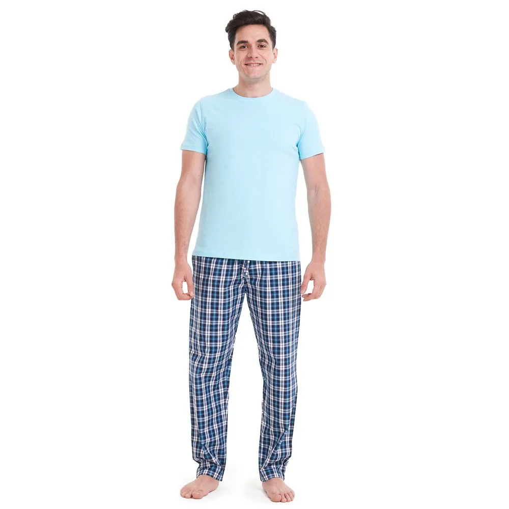 Men summer pajama set Aqua T-shirt   Turquoise x Black checkered pants