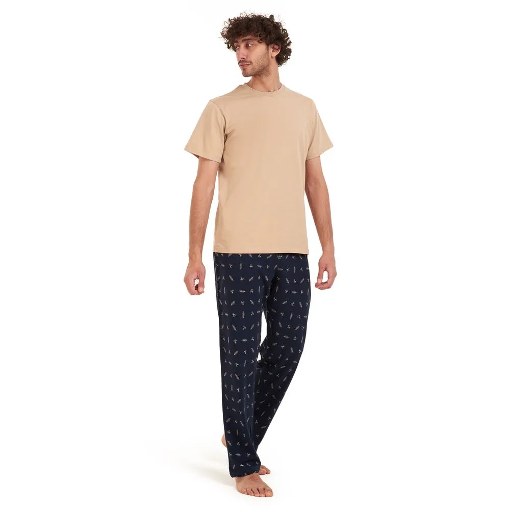 Men summer pajama set Beige t-shirt  Dark blue leaves Pants