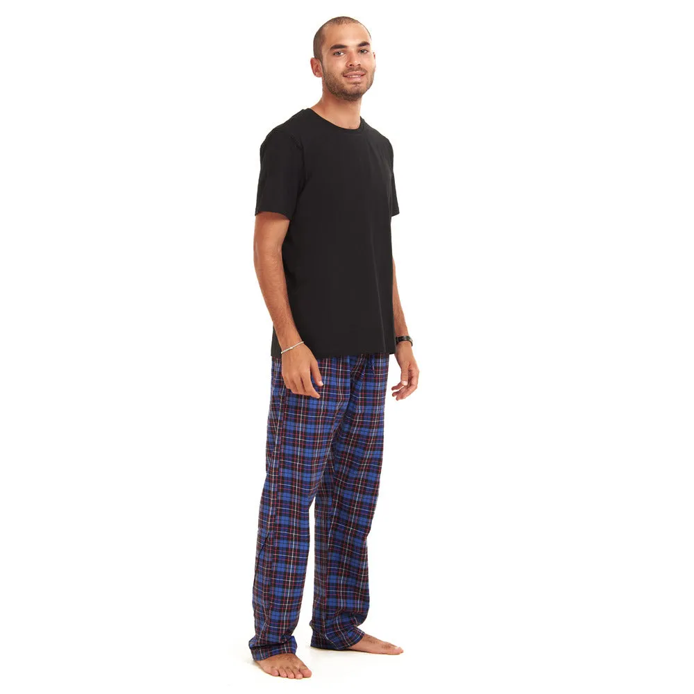 Men summer pajama set  Black T-shirt   Dark Blue Checkered Pants