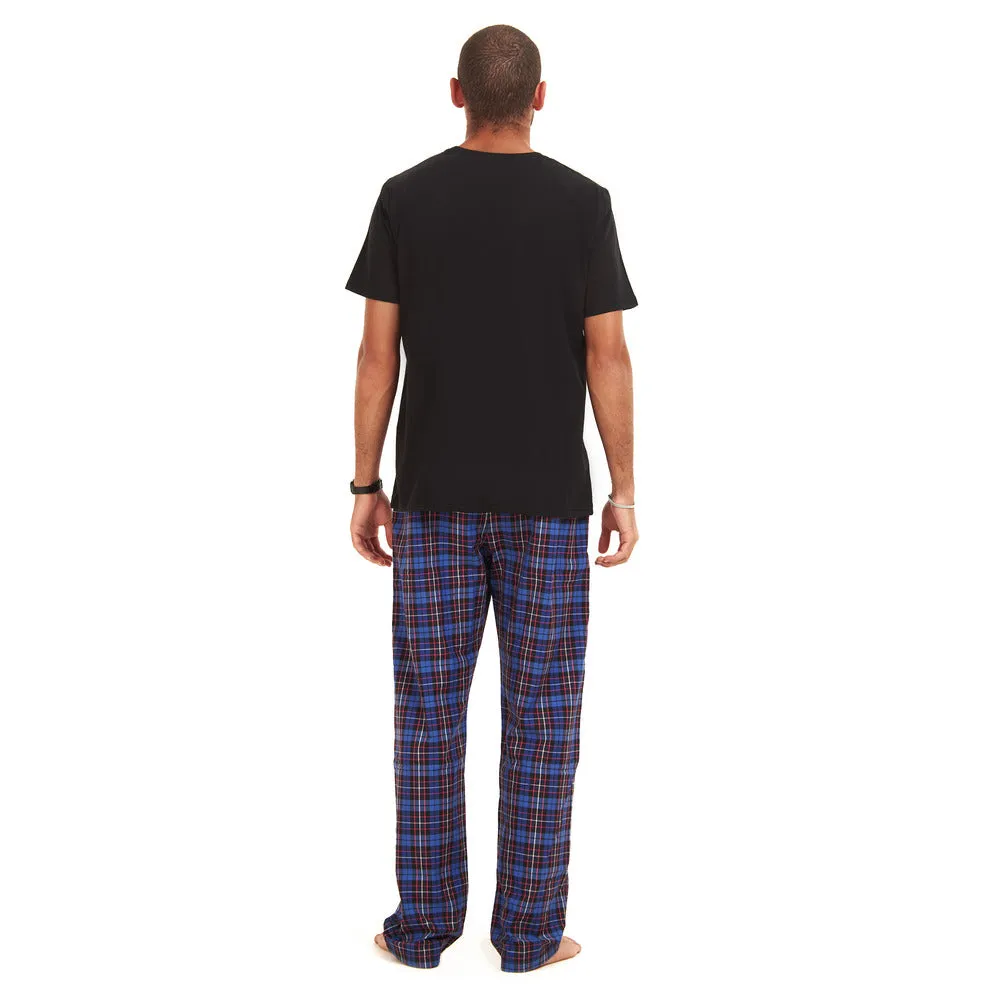 Men summer pajama set  Black T-shirt   Dark Blue Checkered Pants