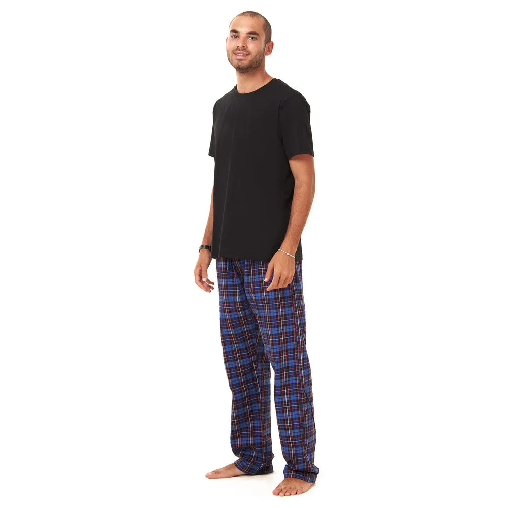 Men summer pajama set  Black T-shirt   Dark Blue Checkered Pants