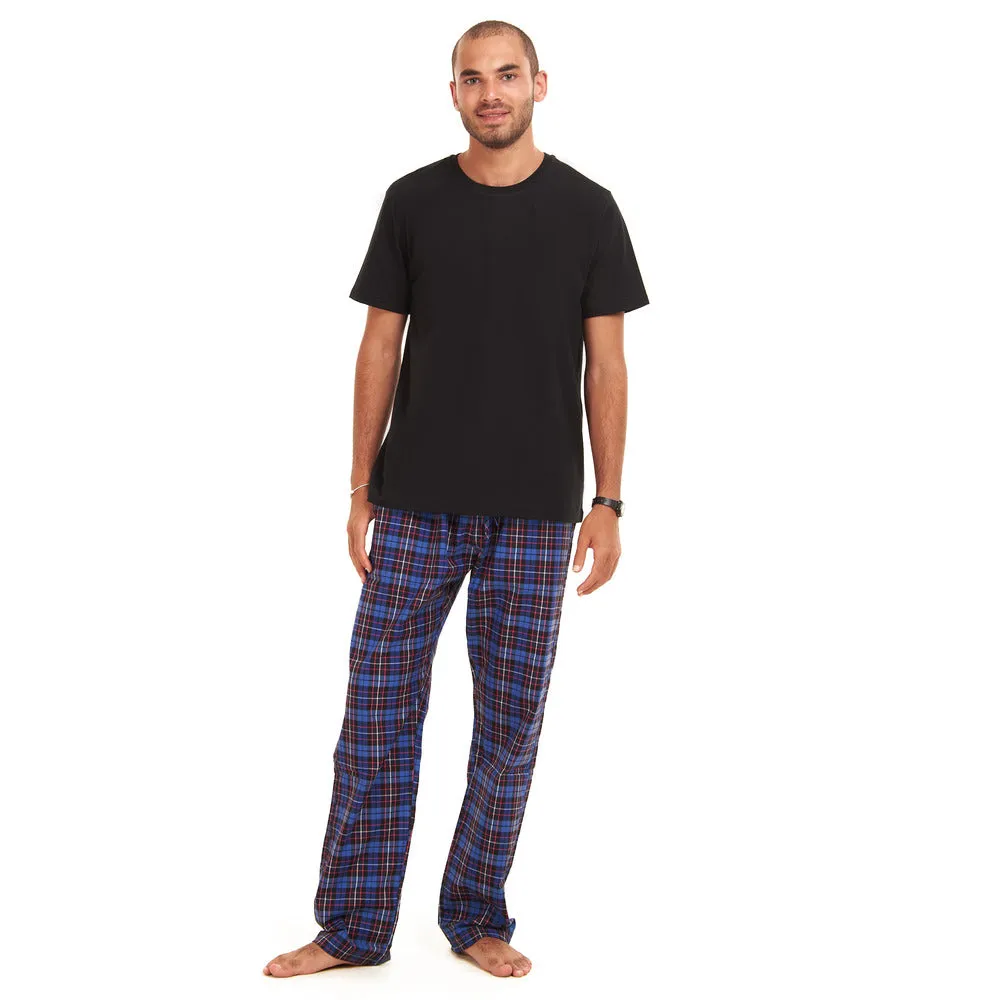 Men summer pajama set  Black T-shirt   Dark Blue Checkered Pants