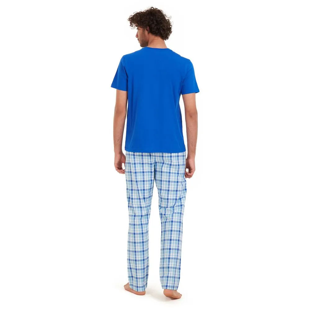 Men summer pajama set Blue t-shirt   Blue x aqua checkered Pants