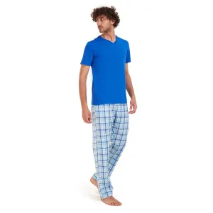 Men summer pajama set Blue t-shirt   Blue x aqua checkered Pants