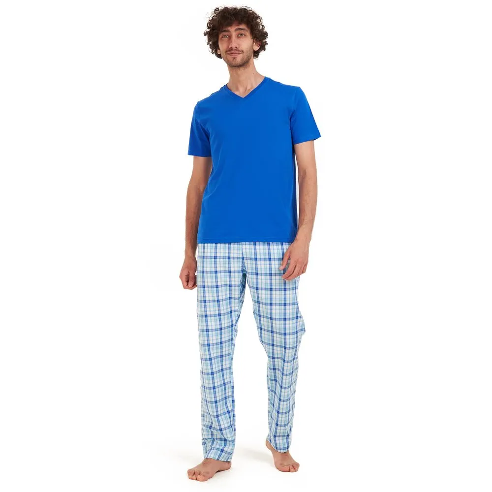 Men summer pajama set Blue t-shirt   Blue x aqua checkered Pants