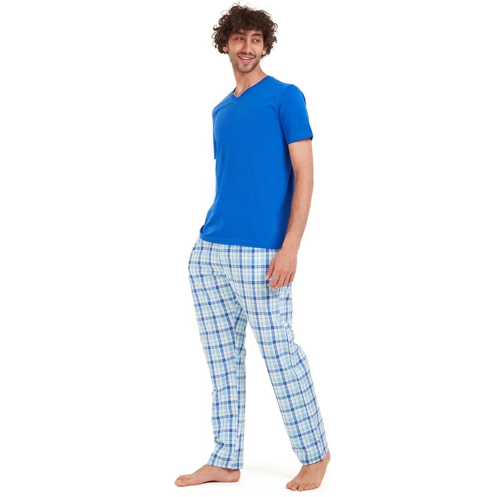 Men summer pajama set Blue t-shirt   Blue x aqua checkered Pants