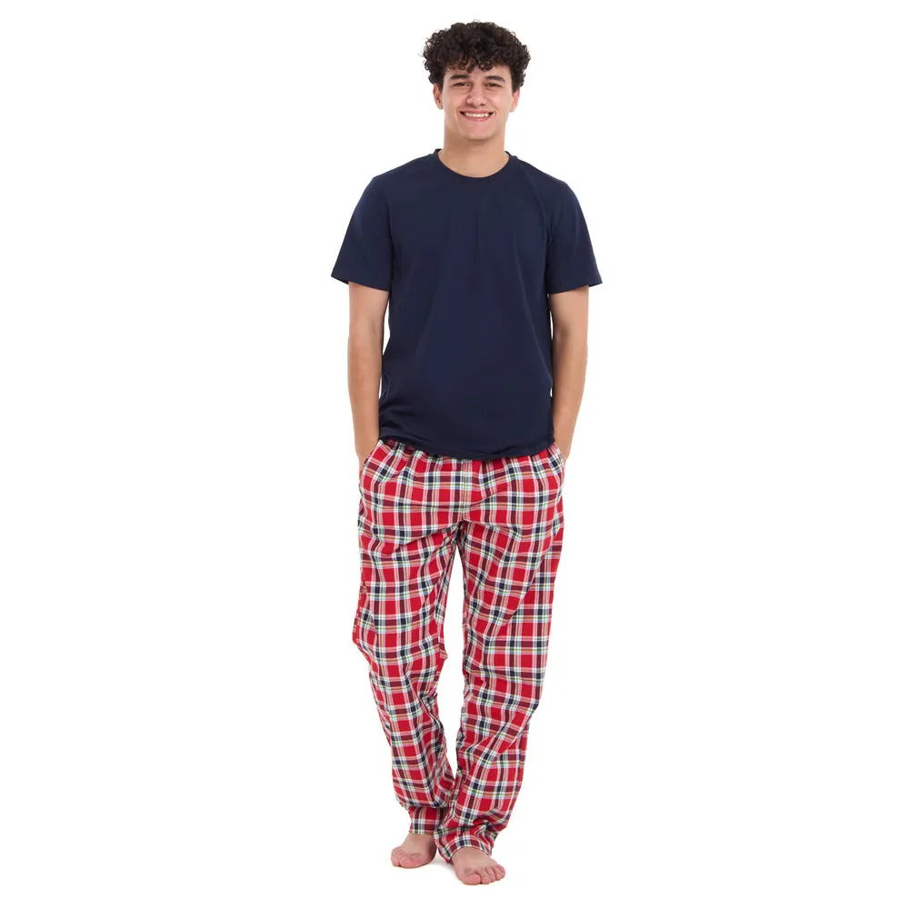 Men summer pajama set Dark blue T-shirt   Red x Dark blue checkered Pants