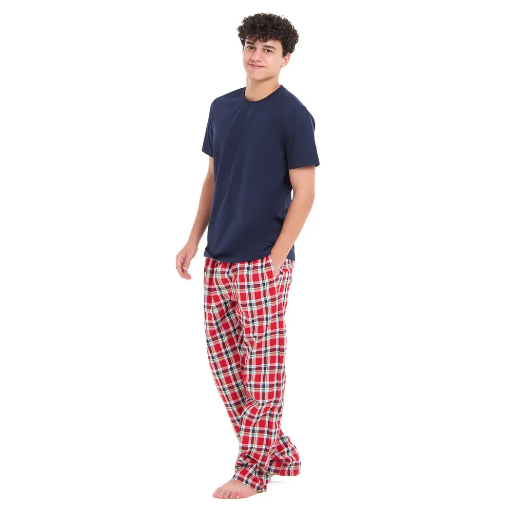 Men summer pajama set Dark blue T-shirt   Red x Dark blue checkered Pants