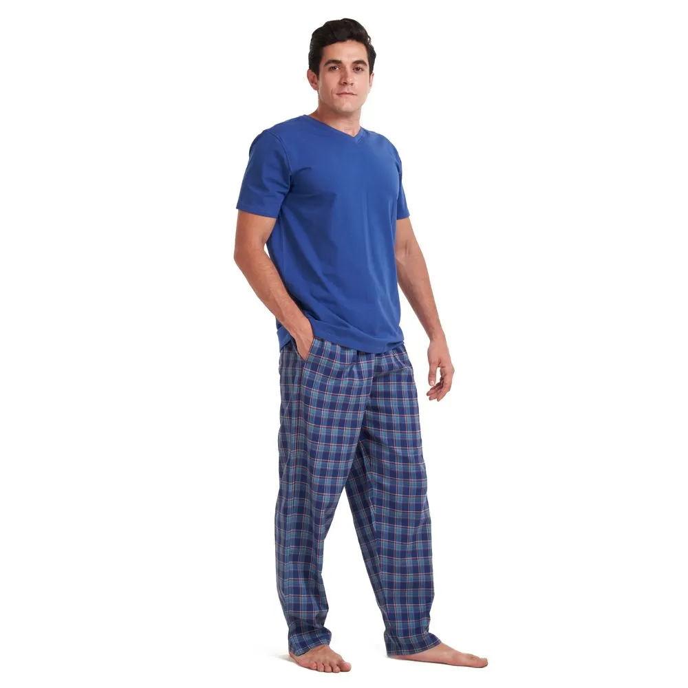 Men summer pajama set Indigo t-shirt   Dark Blue x teal checkered pants