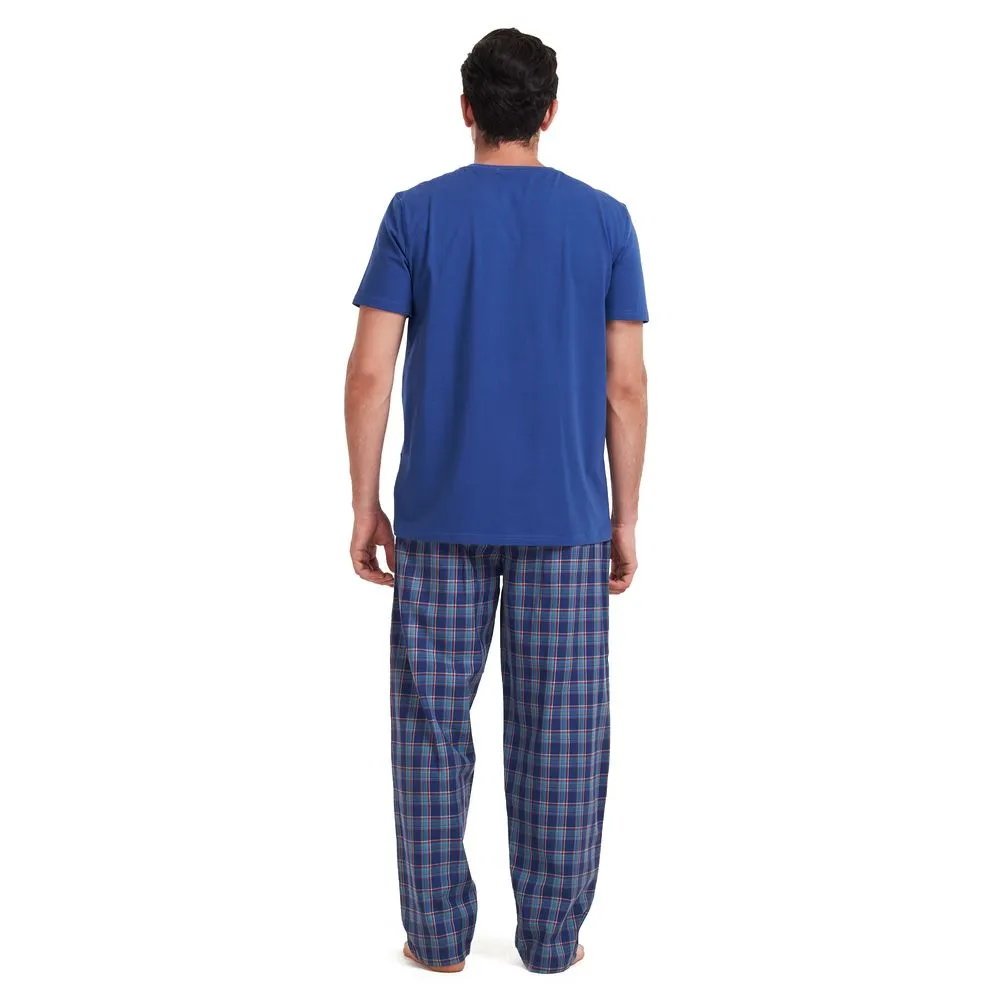 Men summer pajama set Indigo t-shirt   Dark Blue x teal checkered pants