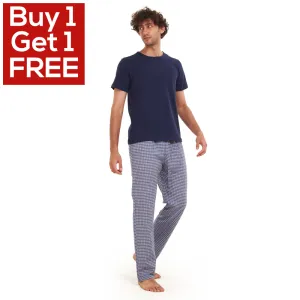 Men summer pajama set  Navy T-shirt   Navy x White Checkered Pants