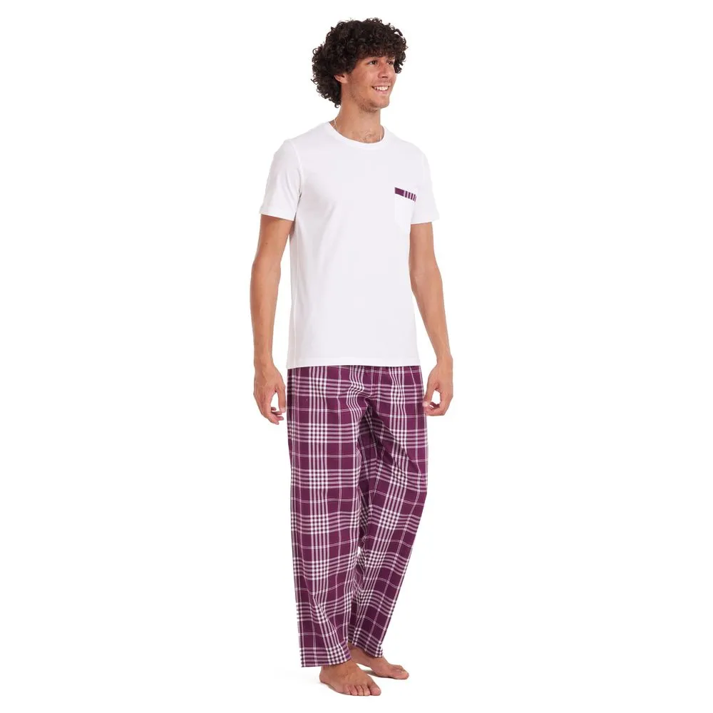 Men summer pajama set White T-shirt   Burgundy checkered pants