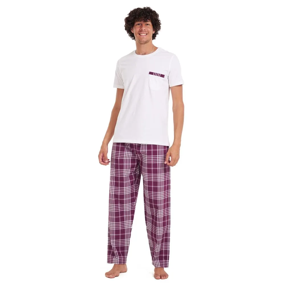 Men summer pajama set White T-shirt   Burgundy checkered pants