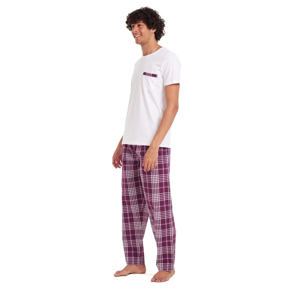 Men summer pajama set White T-shirt   Burgundy checkered pants