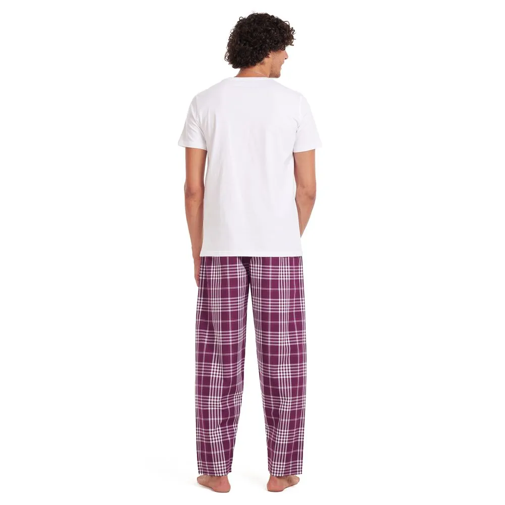 Men summer pajama set White T-shirt   Burgundy checkered pants