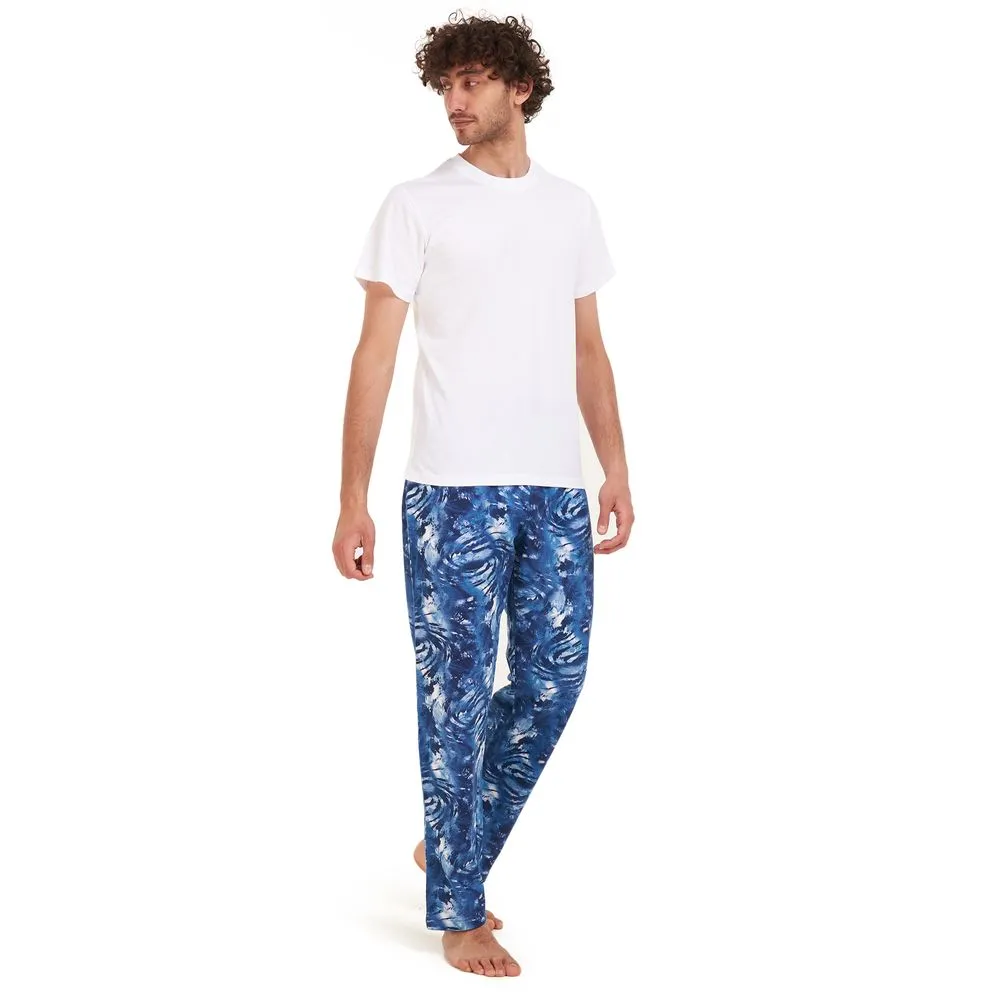 Men summer pajama set White t-shirt  Dark blue tie dye Pants