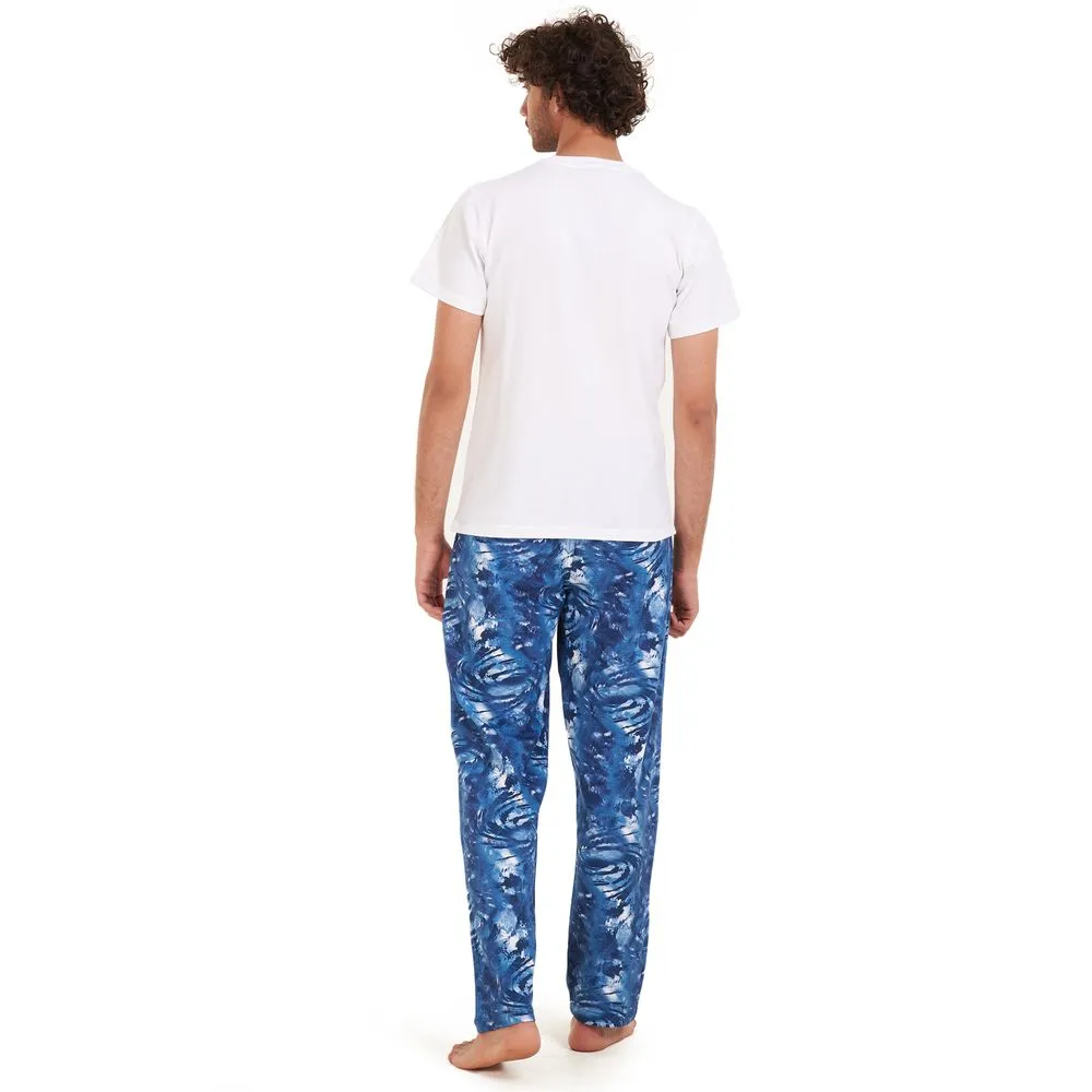 Men summer pajama set White t-shirt  Dark blue tie dye Pants